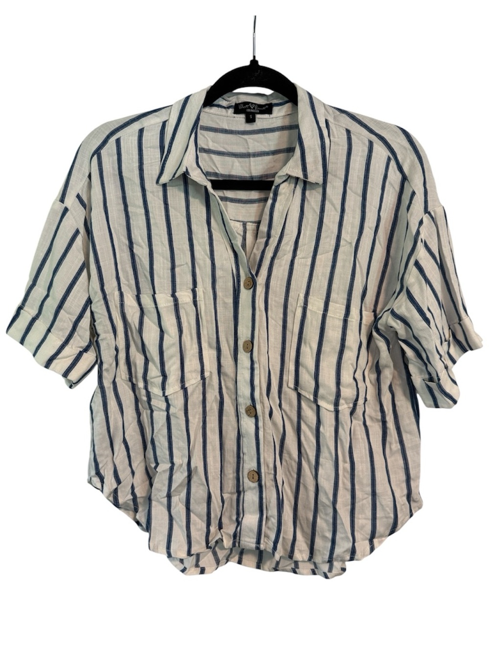 Velvet Heart Blue and White Striped Button Down Linen Blend Short Sleeve Top